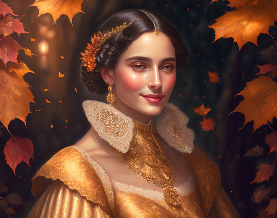 Serene woman portrait in golden dress with autumn leaves and candlelight