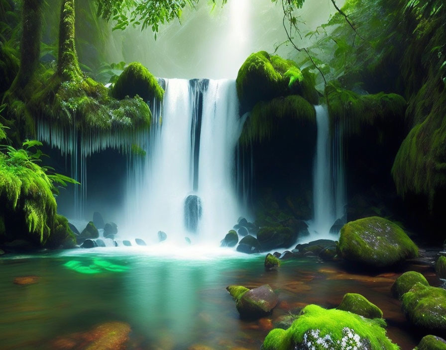 Tranquil forest scene: Serene waterfall, emerald pool, lush greenery