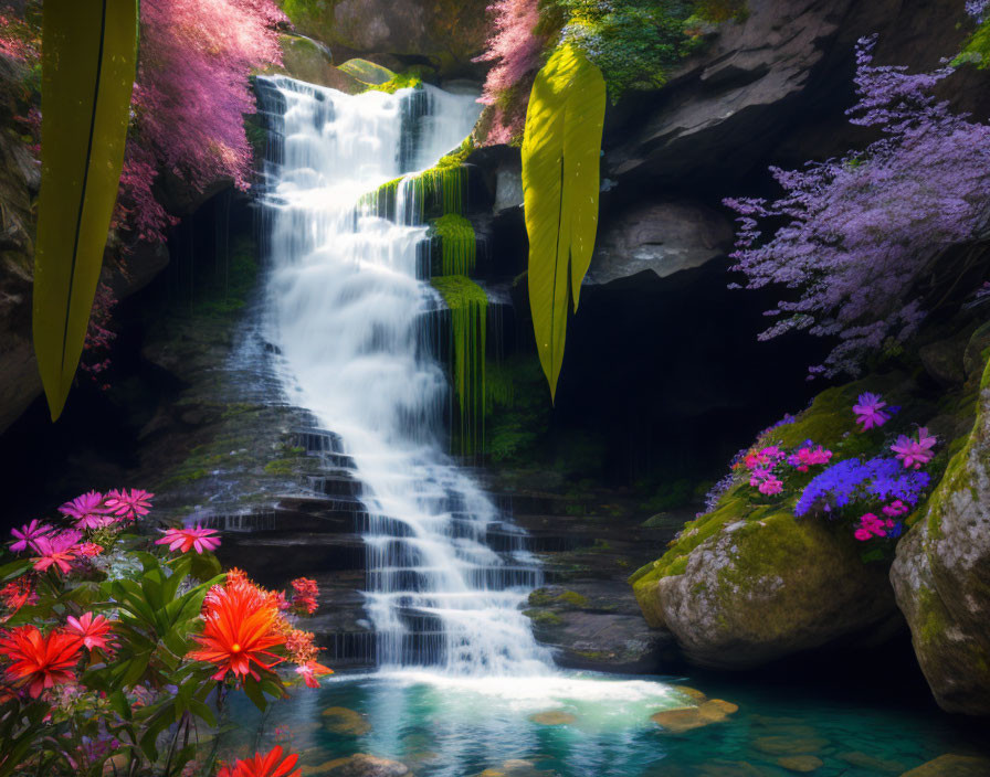 Tranquil waterfall in lush garden setting