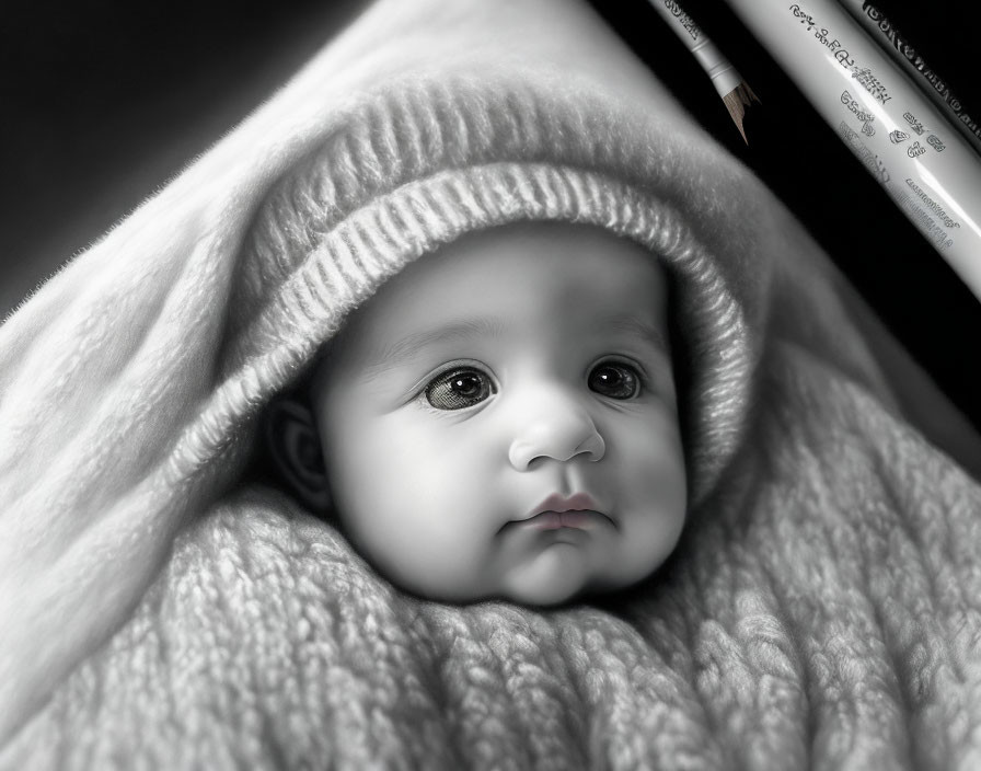 Monochrome photo of baby with expressive eyes in knitted blanket