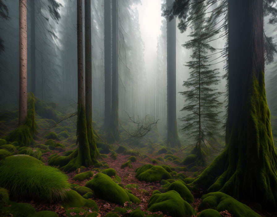 Enchanting misty forest with towering trees and soft glow