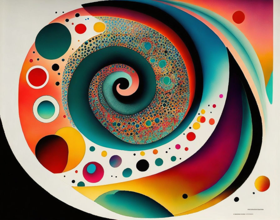 Vibrant abstract painting with spiraling pattern and circular motifs on white background