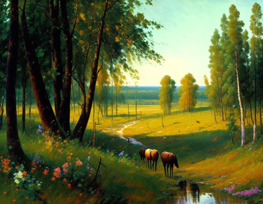 Tranquil landscape painting of forest, horses, stream, path, meadows, and flowers