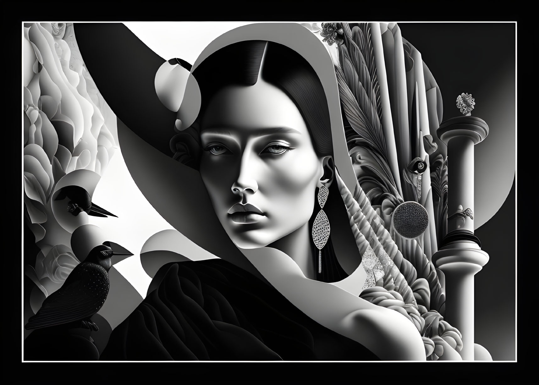 Monochromatic surreal portrait with woman, raven, and architectural elements