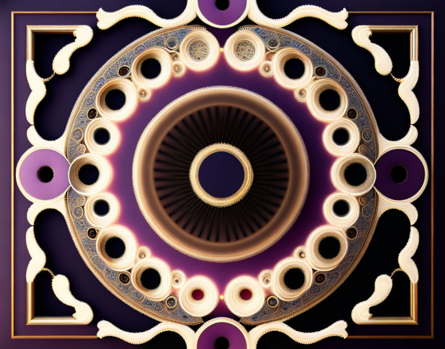 Circular Fractal Design: Purple and Gold Patterns on Dark Background