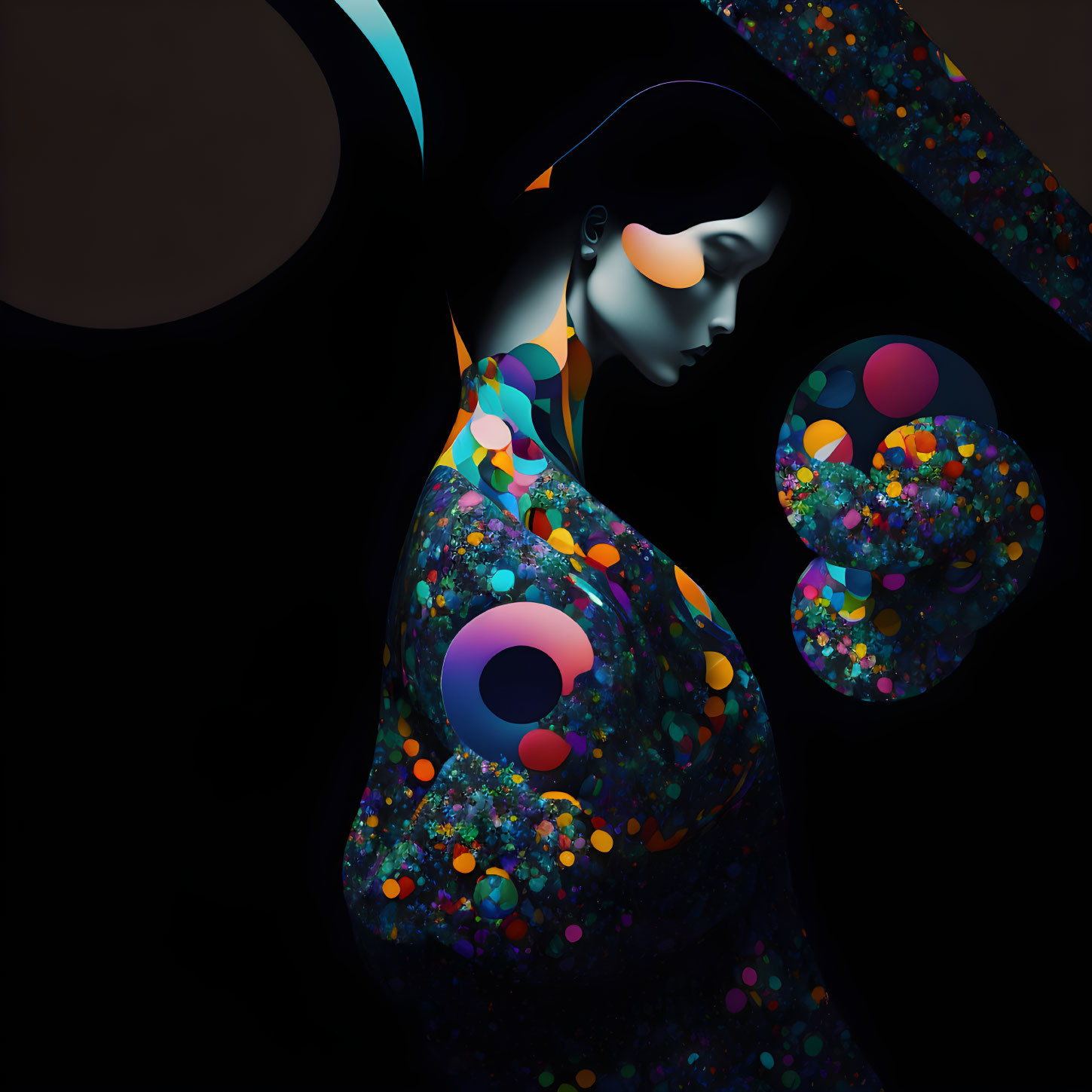 Abstract cosmic woman illustration with vibrant multicolored pattern on dark background