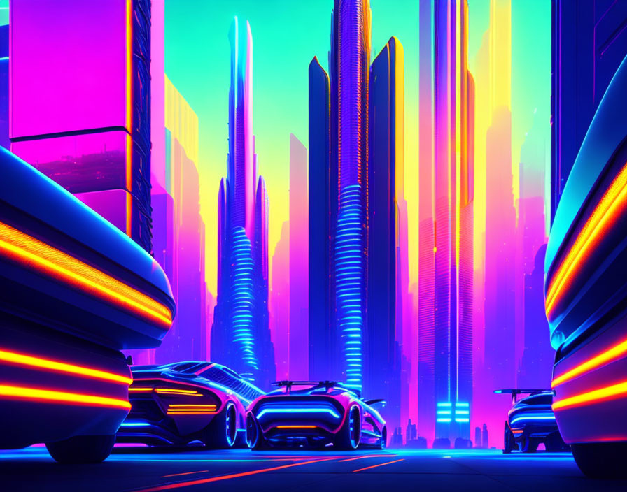 Futuristic cityscape with neon-lit skyscrapers and flying cars