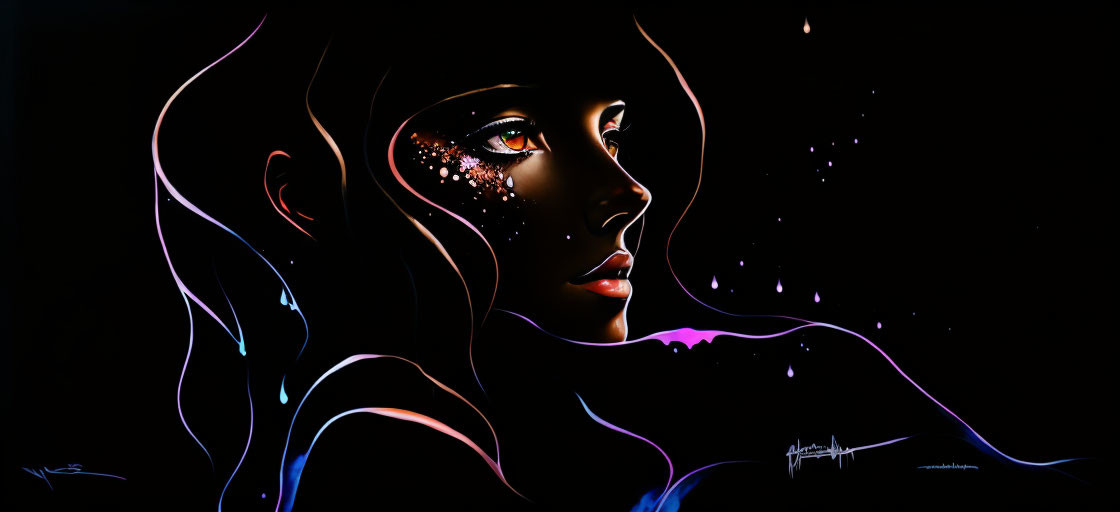 Digital art portrait of woman with neon contours and star-like accents on black background