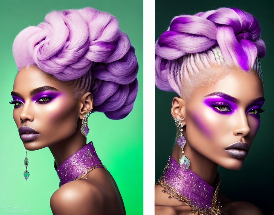 Vibrant purple makeup and hair styled in an elaborate updo against green background.