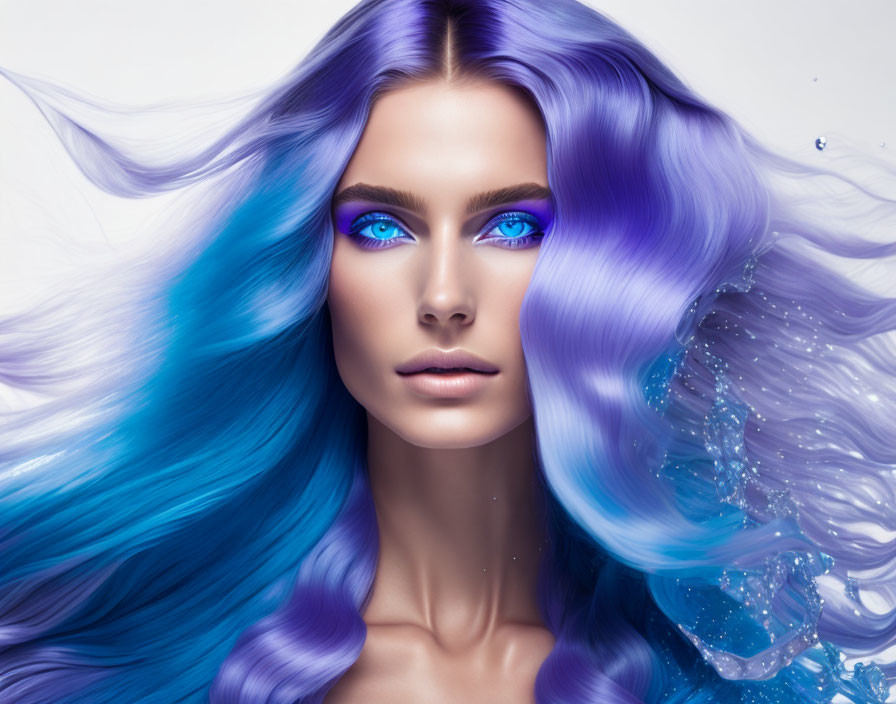 Woman with Bright Blue Eyes and Blue/Purple Wavy Hair