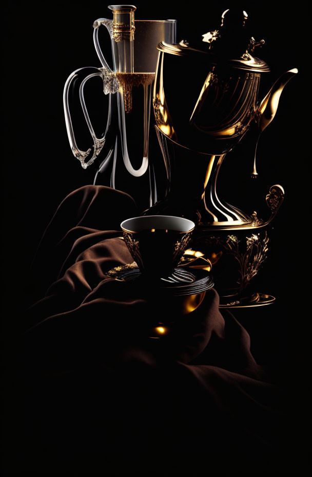 Metallic Sheen Coffee Set on Draped Fabric in Dark Setting