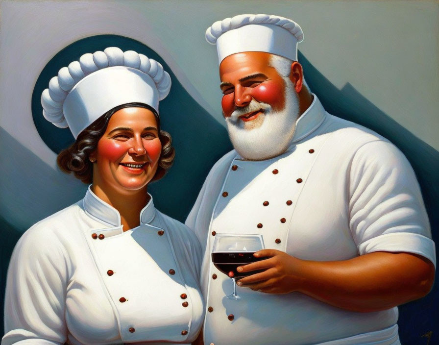 Cartoon chefs in white uniforms with red buttons on grey background