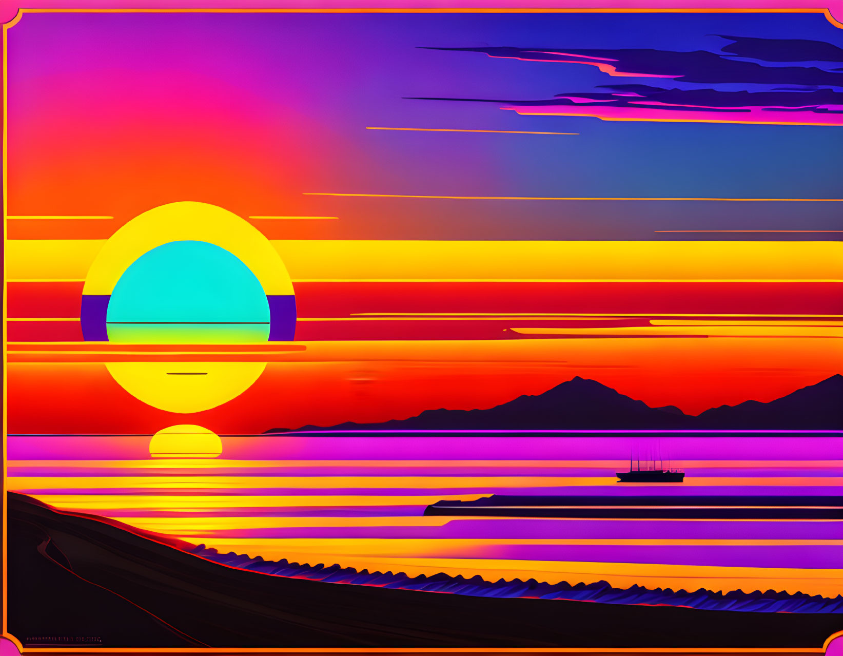 Colorful Sunset Artwork with Mountain Landscape and Ship