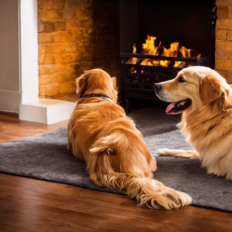 Golden Retriever Relaxing by Lit Fireplace in Cozy Room