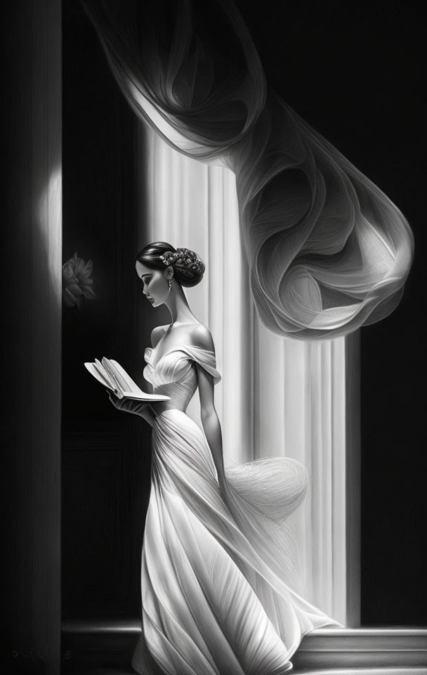 Monochromatic image of woman in flowing dress by window with book