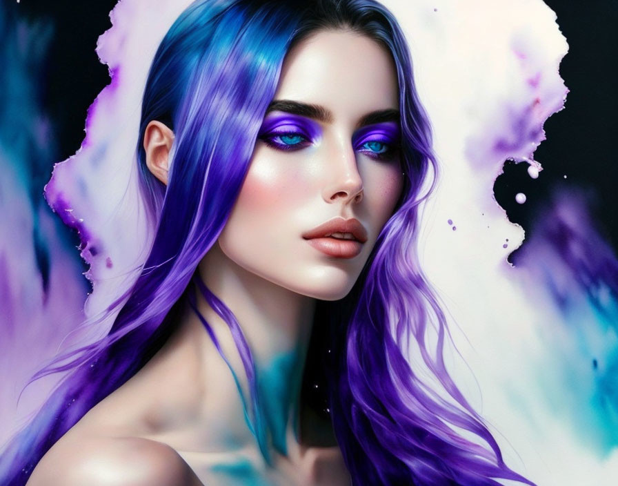 Vibrant digital artwork of woman with purple and blue hair and blue eyes on dark background