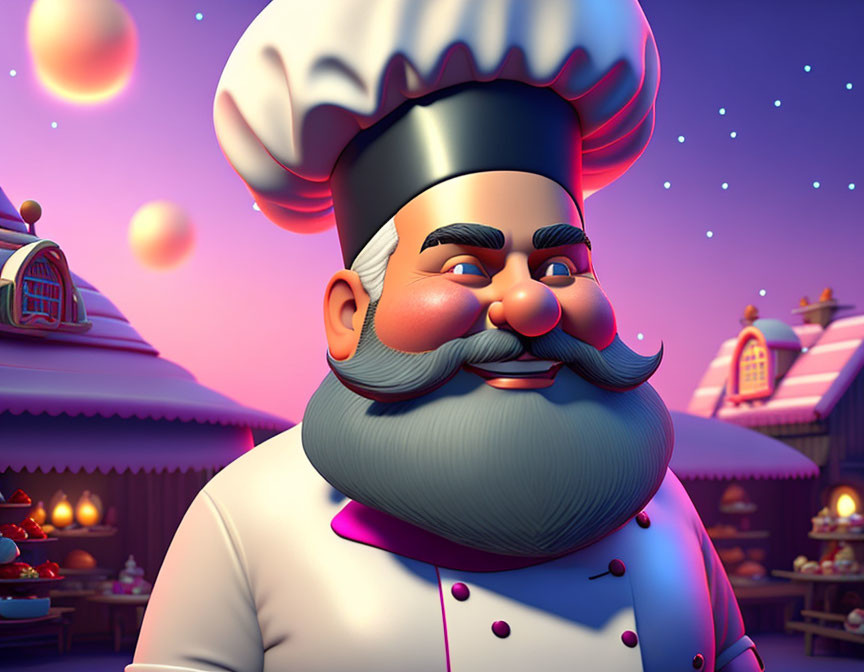 Animated chef with white mustache in bakery setting