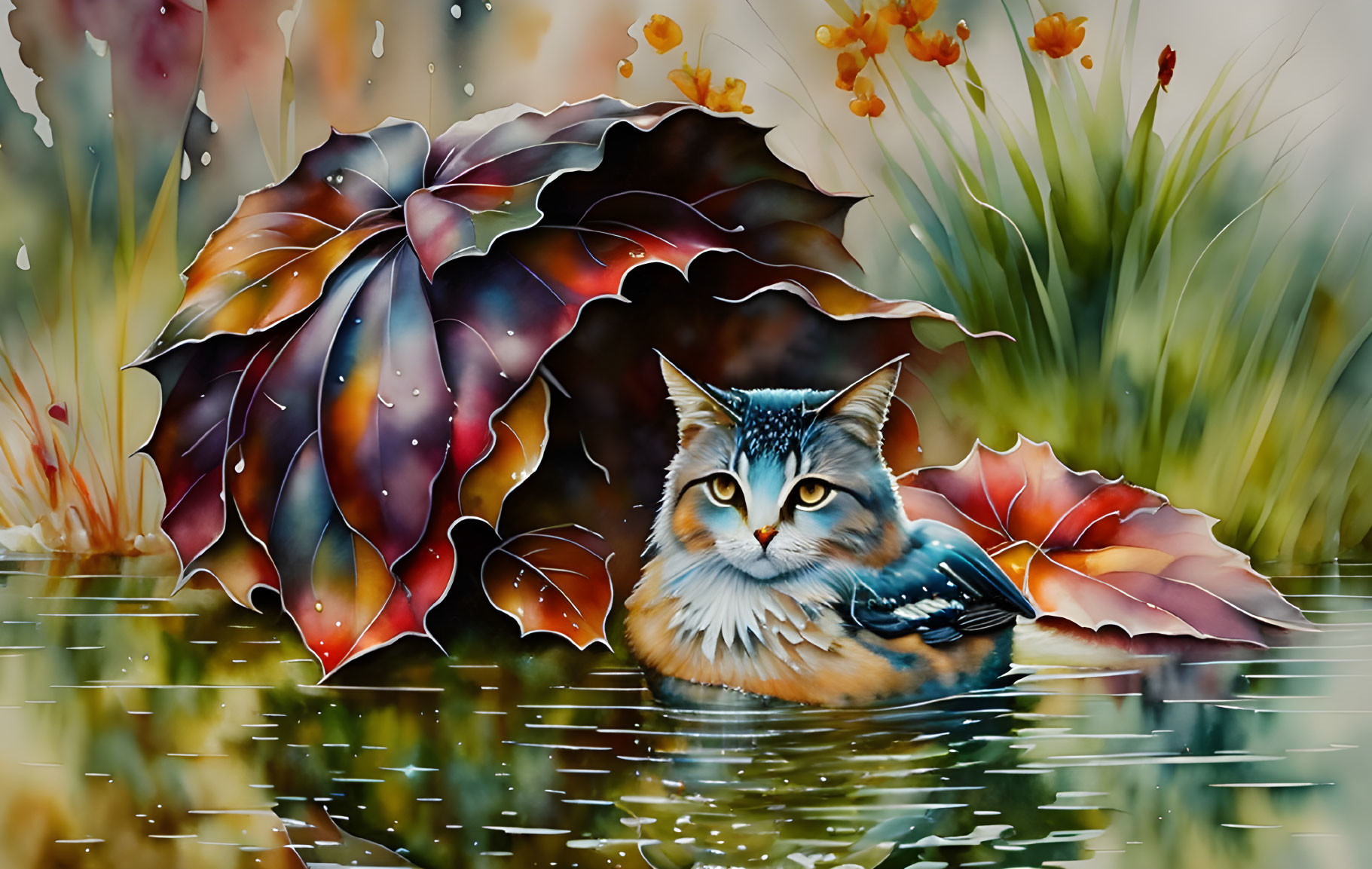 Detailed Cat Illustration Sheltering Under Leaf with Blue Eyes