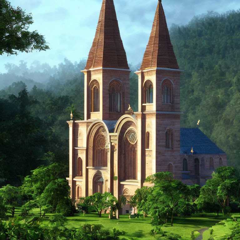 Grand Gothic-style church with twin spires in lush green scenery