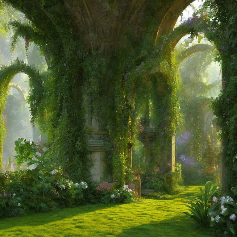 Enchanted garden with ancient stone arches and vibrant flowers