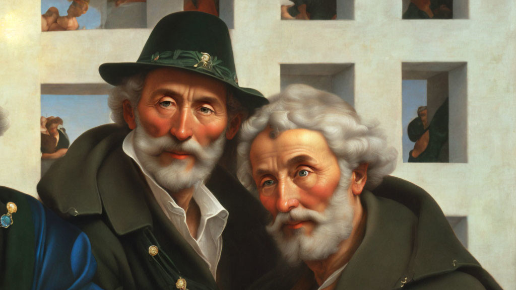 Elderly Men in Traditional Hats with Window Frame Background