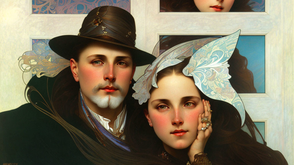 Victorian-Era Styled Artwork Featuring Man and Woman in Elegant Attire