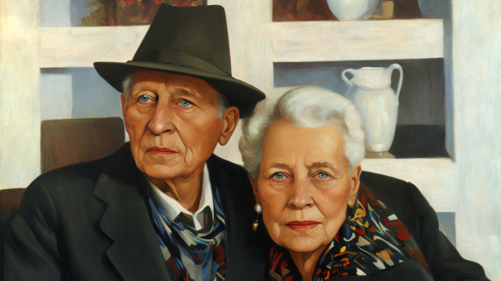 Realistic painting of elderly couple in hat and scarf against shelf background