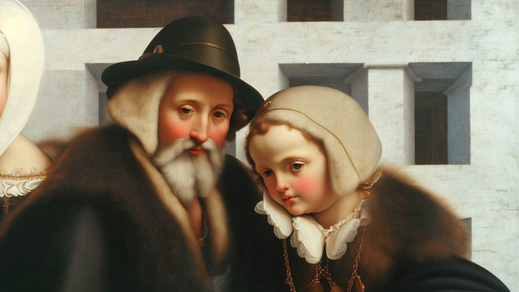 Elderly man with white beard and black hat beside young child in bonnet