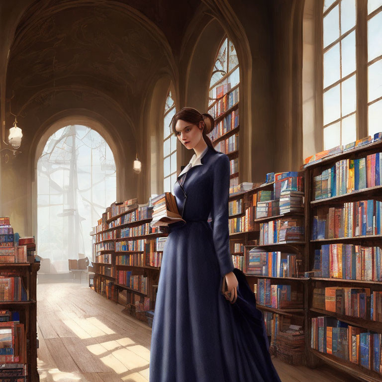 Woman in Blue Dress Standing in Sunlit Library Holding Book