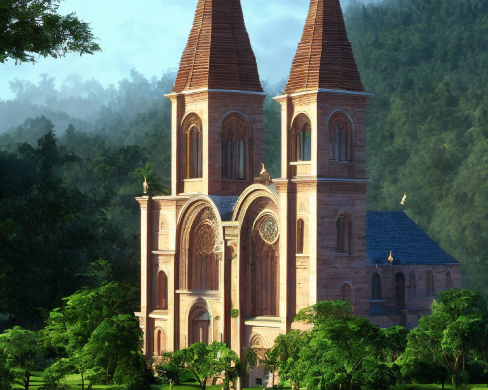 Grand Gothic-style church with twin spires in lush green scenery