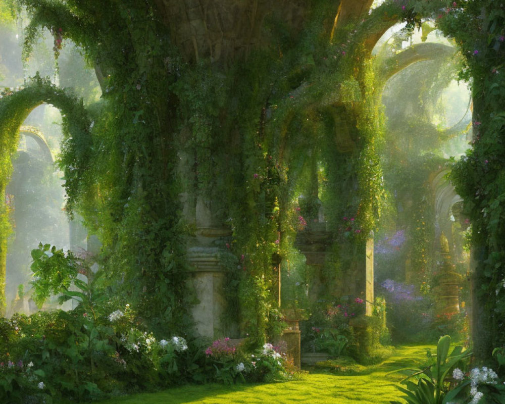 Enchanted garden with ancient stone arches and vibrant flowers