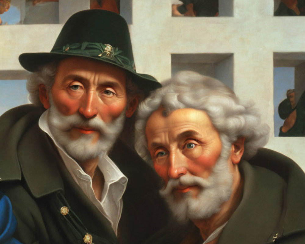 Elderly Men in Traditional Hats with Window Frame Background