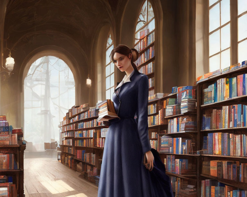 Woman in Blue Dress Standing in Sunlit Library Holding Book