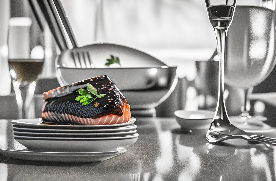 Monochromatic kitchen scene with salmon fillet, herbs, plates, utensils, wine glasses,