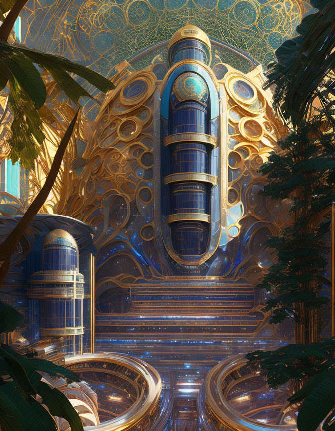 Futuristic ornate atrium with blue glass towers, golden patterns, and lush green plants