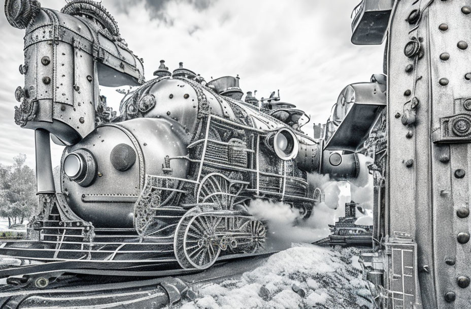 Detailed Monochrome Steampunk Locomotive Emitting Steam