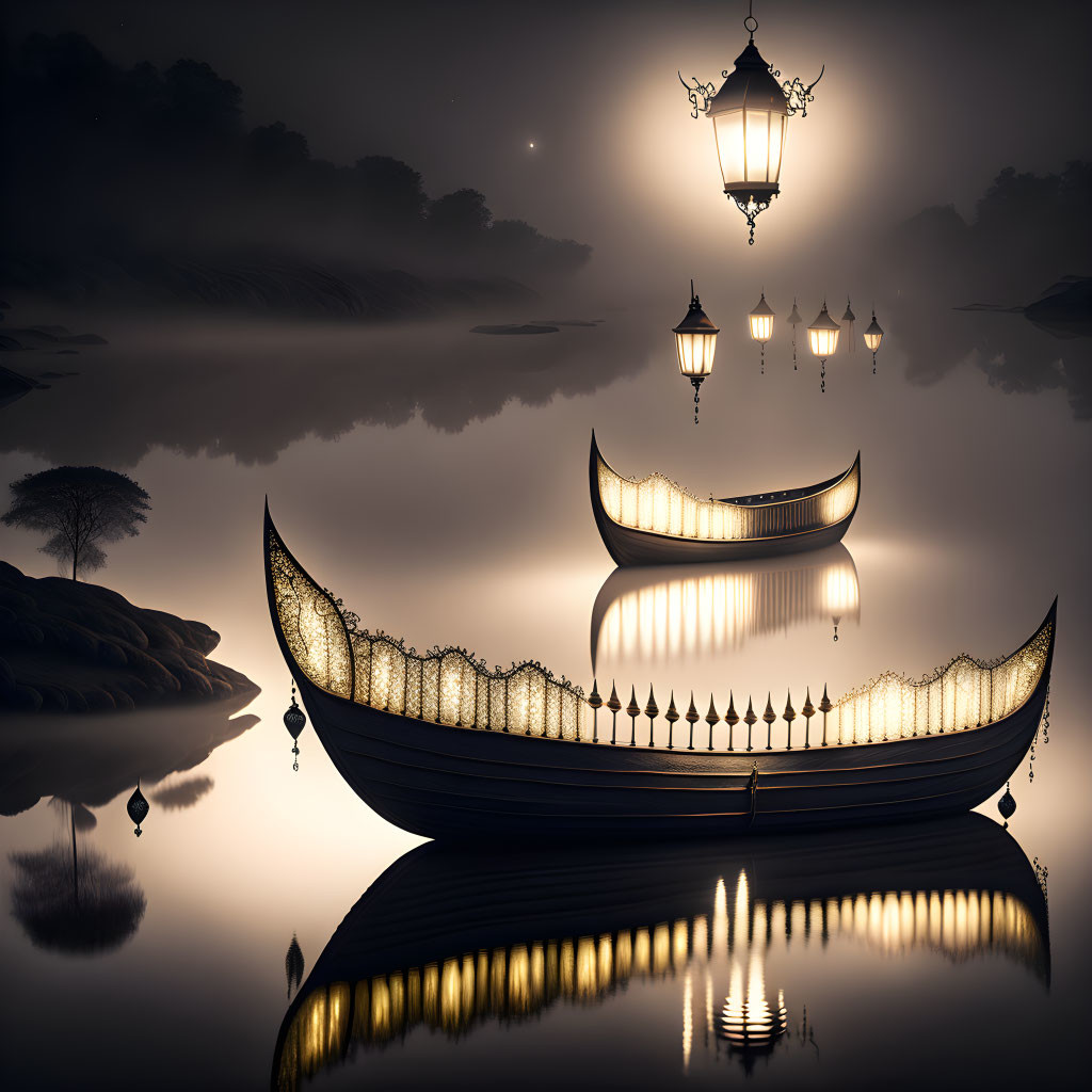 Moonlit lake with ornate boats and hanging lanterns