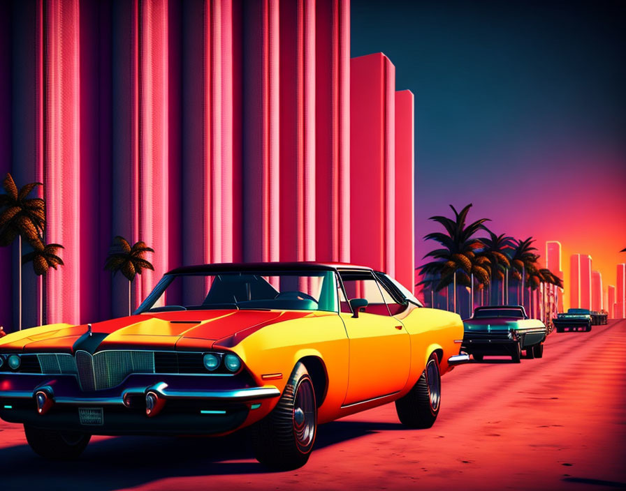 Colorful retro-futuristic artwork: classic cars on palm-lined boulevard with pink skyscrapers