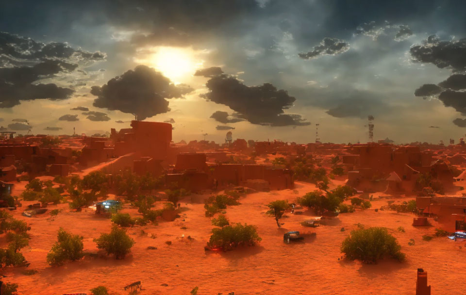 Dusty sunset over sprawling desert town with dramatic sky.