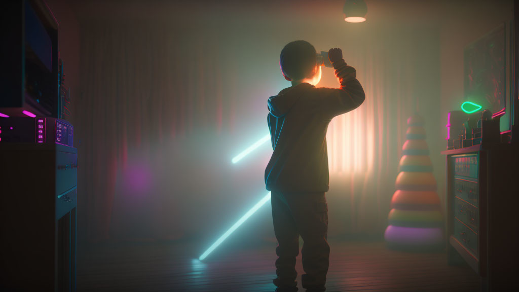 Child Pretending to be Jedi with Toy Lightsaber in Vintage Electronics Room