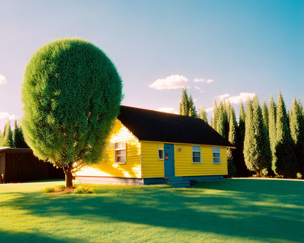 Yellow house with dark roof in green landscape under blue sky