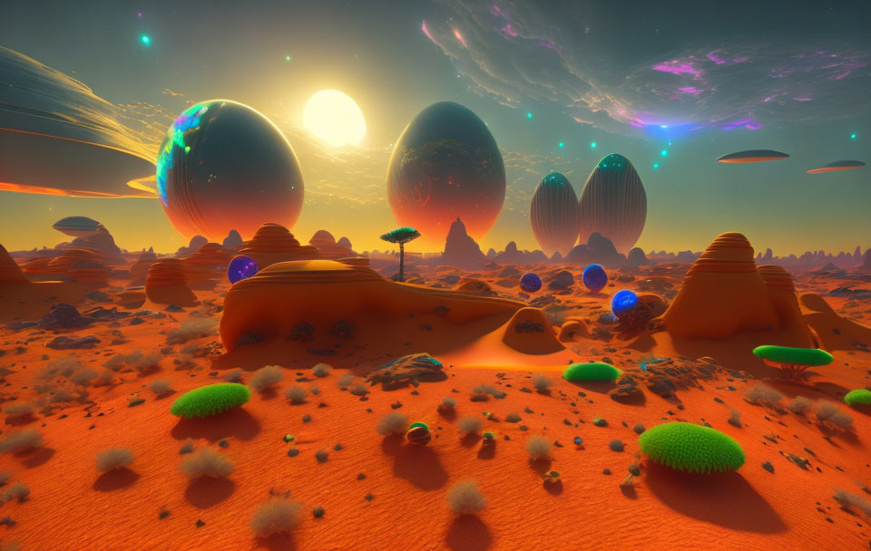 Orange Terrain and Egg-shaped Structures in Alien Landscape