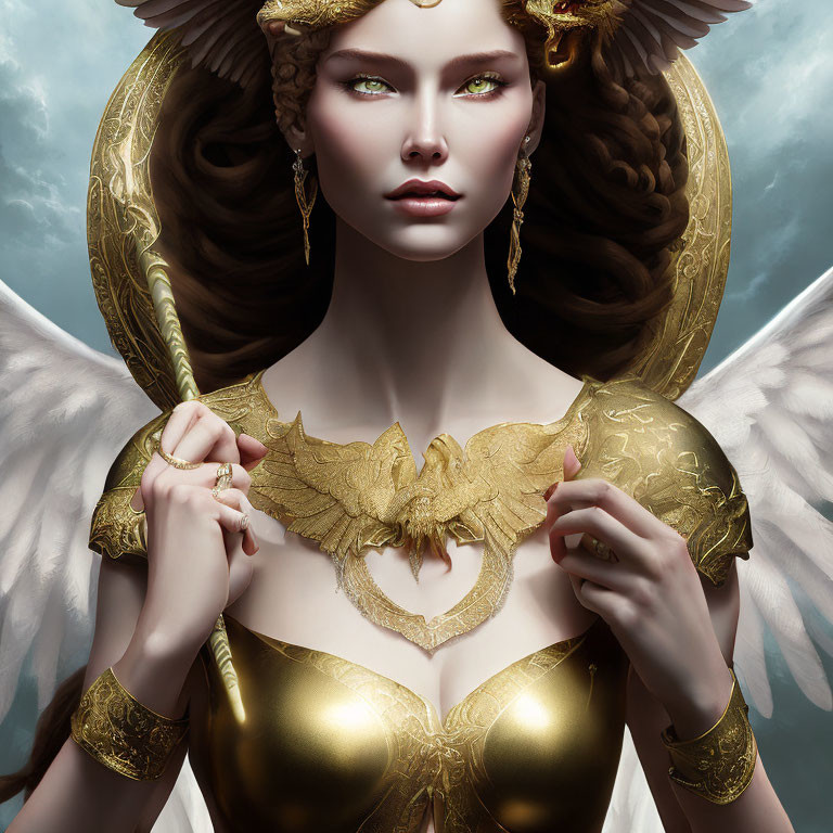 Digital artwork of majestic female figure with angelic wings and golden bat pendant in ornate armor against serene