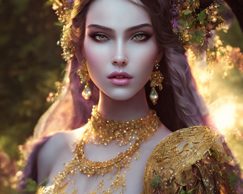 Digital art portrait featuring woman with detailed gold jewelry, ornate headdress, and mystical forest backdrop