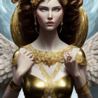 Digital artwork of majestic female figure with angelic wings and golden bat pendant in ornate armor against serene