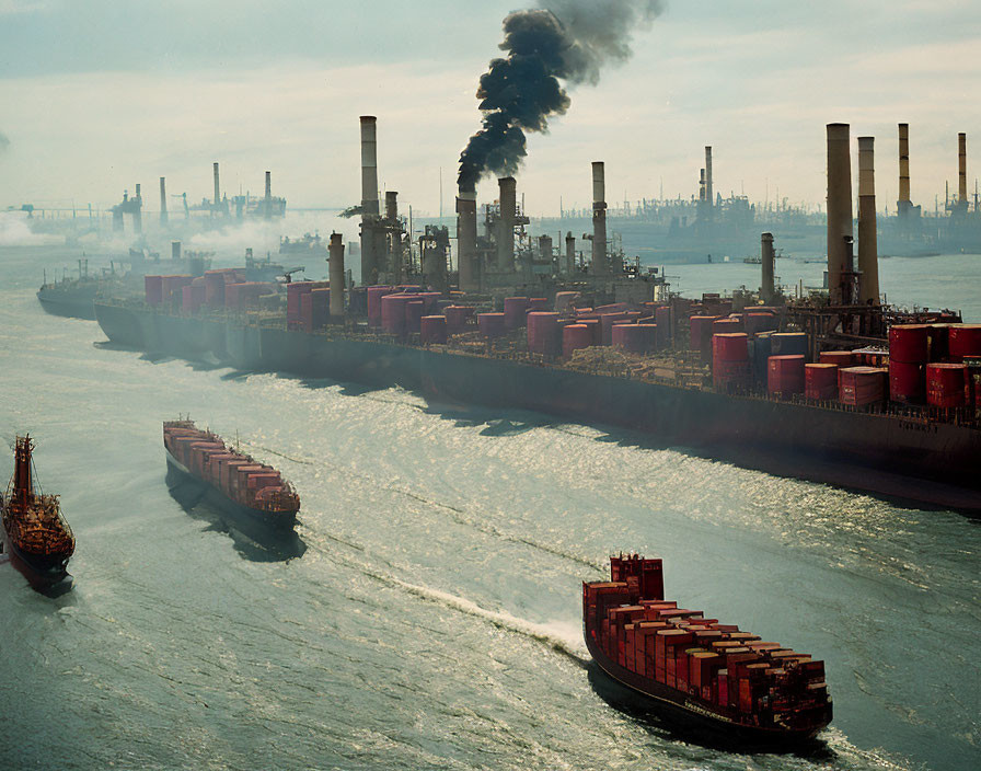 Polluted industrial waterfront with smokestacks, cargo ships, and storage tanks