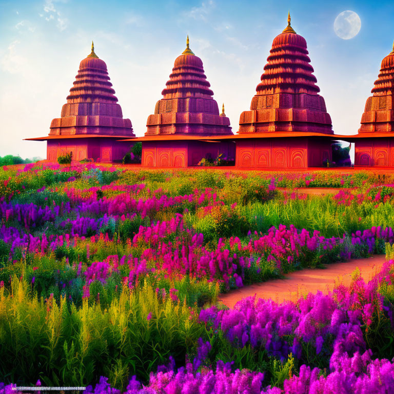 Purple flowers and domed structures under a moonlit sky at dusk