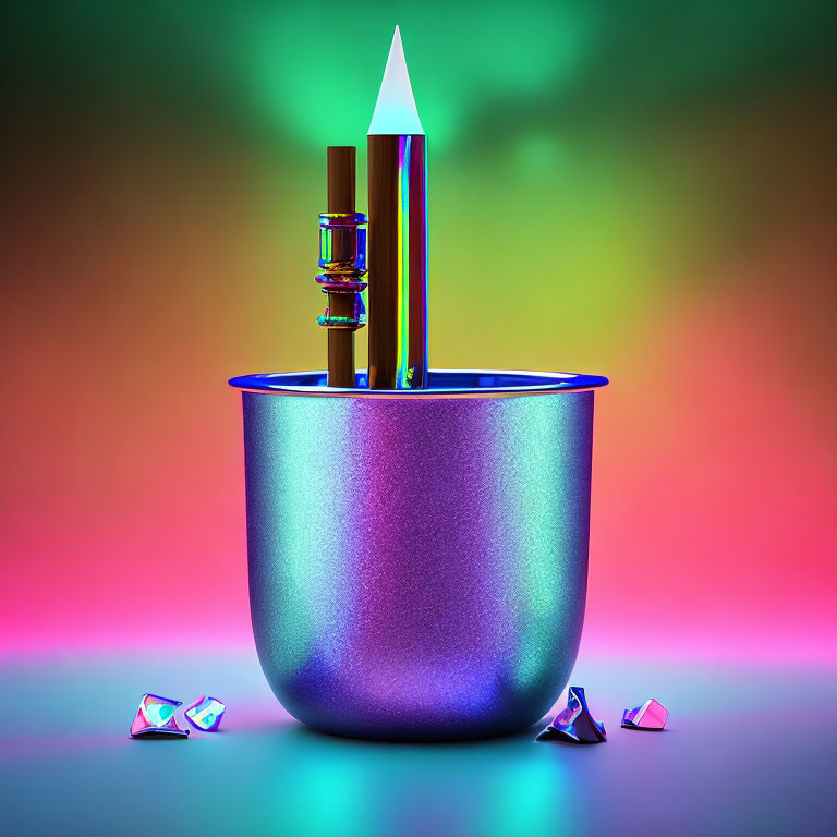 Colorful neon background with iridescent cup, white pencil, lipstick, and perfume applicator on