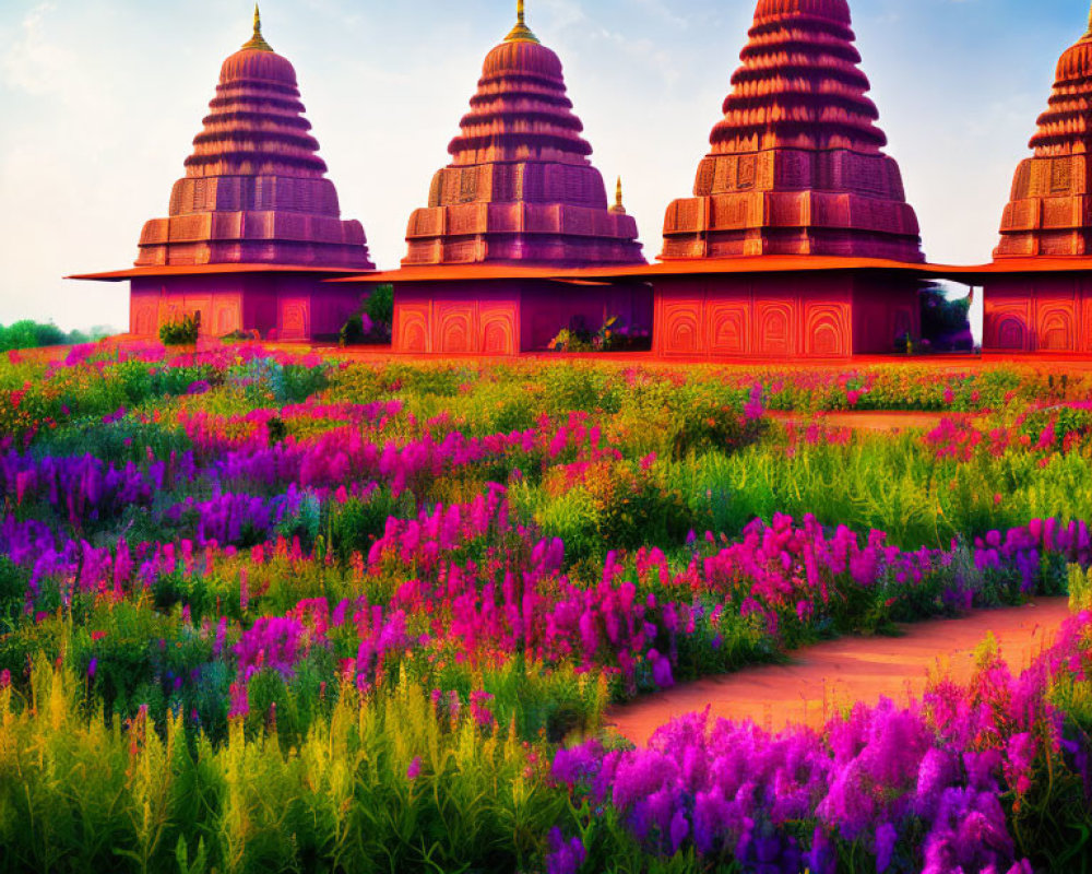 Purple flowers and domed structures under a moonlit sky at dusk