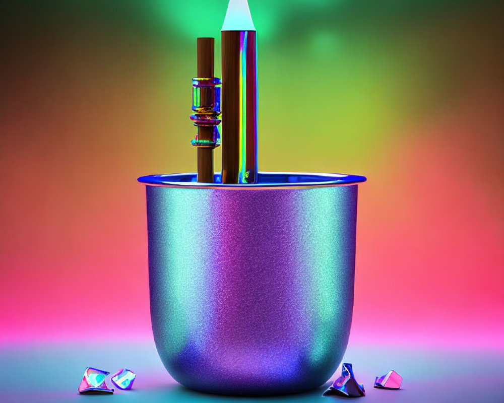 Colorful neon background with iridescent cup, white pencil, lipstick, and perfume applicator on